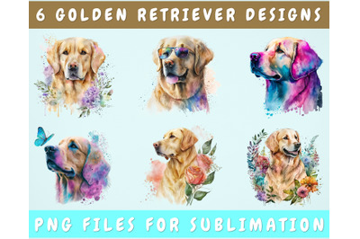 Golden Retriever Sublimation Designs Bundle, 6 Designs, Retriever PNG