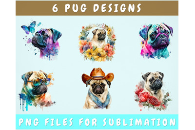 Pug Sublimation Designs Bundle, 6 Designs, Pug PNG Files