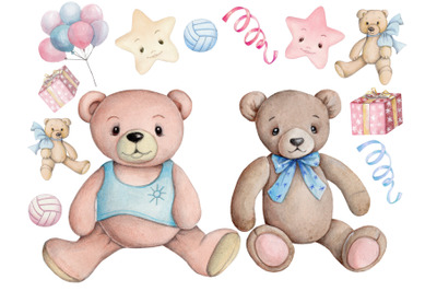 Holiday Teddy Bears. Watercolor hand painted art illustrations.