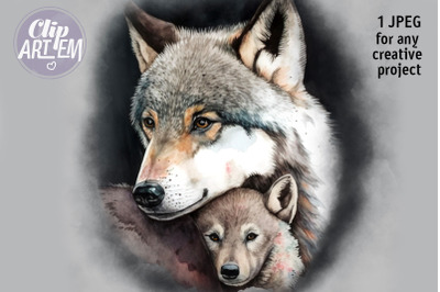 Gray Mommy Baby Wolf JPEG Watercolor Image Wall Decor