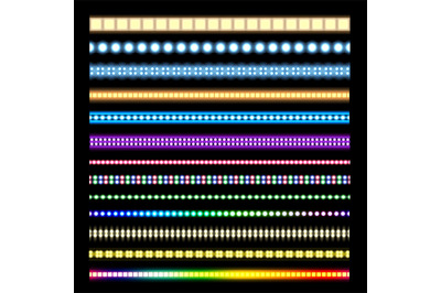 Light stripes. Glowing LED lights on tape, neon glow light effect and