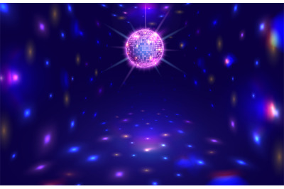 Disco ball rays. Dance floor room with mirror ball reflections, night