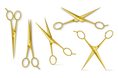 Realistic gold metal scissors. Closed and open stationery or hair salo