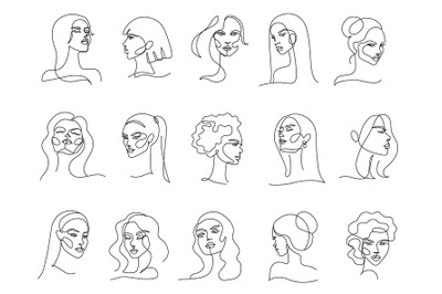 One line female portraits. Minimalist elegant and glamorous women with