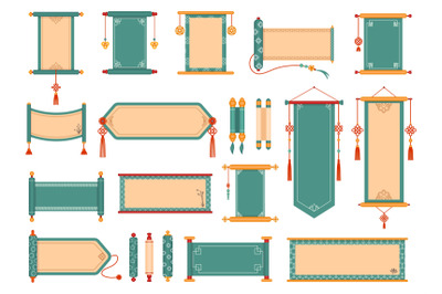 Traditional asian scrolls. Oriental Chinese and Japanese hanging scrol