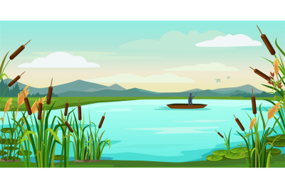 Cartoon lake landscape. Fisherman fishing in boat on pond with reeds&2C;