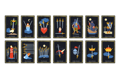 Minor arcana swords tarot cards. Occult king, queen, knight, page and