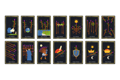 Minor arcana wands tarot cards. Alchemy occult deck with king, queen,