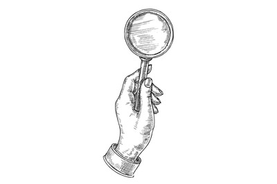 Sketch hand holding magnifying glass. Equipment for investigation, det