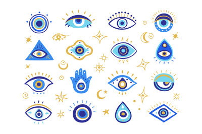 Evil eye symbols. Mystic Greek and Turkish eyes of evil malevolent gla