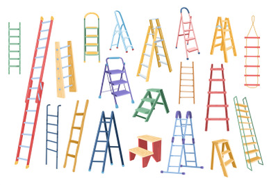 Cartoon ladder. Different types of stepladders, tall ladders for scali