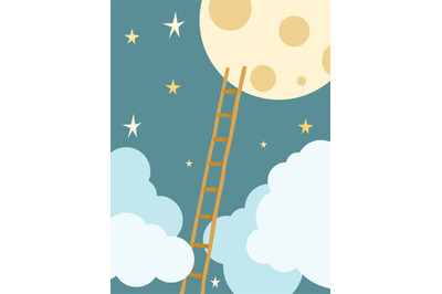 Ladder to moon. Starry night sky with stairs step by step, achieving i