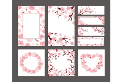 Cherry blossom banner layout. Sakura flowers on branches card template