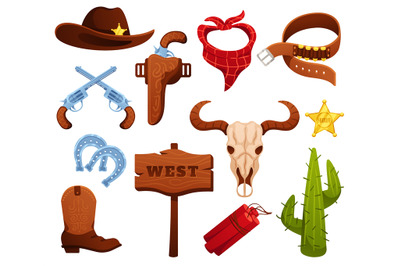 Cartoon wild west elements. Sheriff badge&2C; revolver gun and hat. Weste