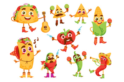 Cartoon Mexican food products characters. Funny burrito, nachos and ta