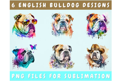 English Bulldog Sublimation Designs Bundle, 6 Clipart Designs