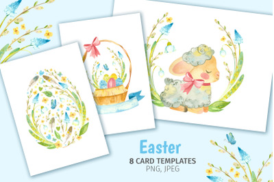 Easter Cards. Cute Sheep and Spring Flowers, Watercolor Clipart