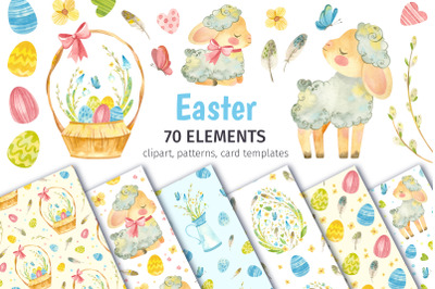 Easter Clipart, Patterns, Card Templates with Cute Sheep, Easter Eggs