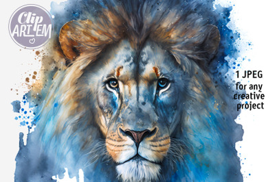 Blue Lion Wall Art Digital Print JPRG Watercolor Image Decor
