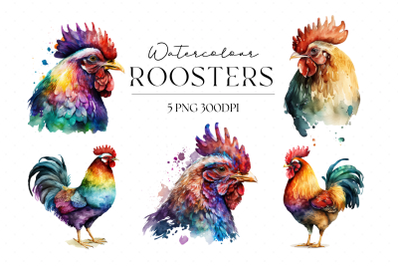 Colourful Watercolour Roosters PNG Clipart