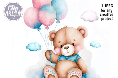 Pink Blue Bear with Balloons JPEG Image Watercolor Clip Art Wall Decor