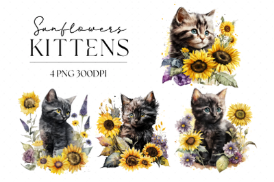Watercolour Sunflowers Kittens PNG Clipart