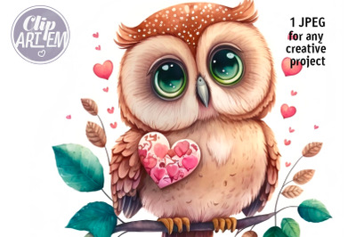 Cute Baby Owl With Heart Love Image Decor  Watercolor JPEG File