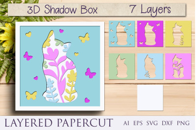 Cat shadow box svg, 3d layered cat paper cut