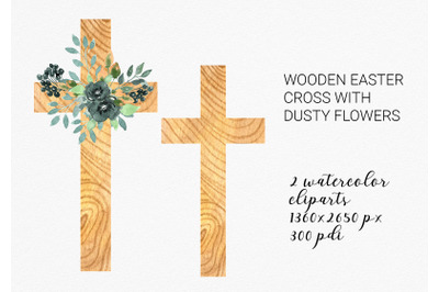 Watercolor floral cross clipart, wooden cross PNG. Religious easter cl
