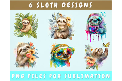 Sloth Sublimation Designs Bundle, 6 Designs, Cute Sloth PNG Files