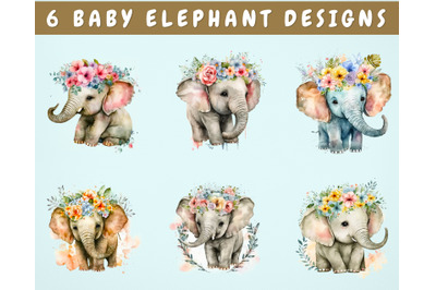 Baby Elephant Clipart Bundle, 6 Designs, Little Elephant PNG Files