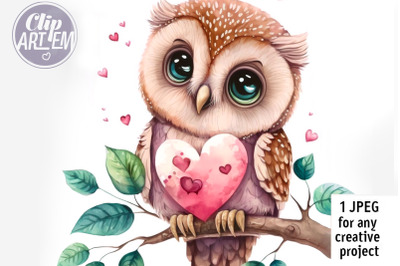 Cute Owl Love Image JPEG Watercolor Wall Decor Illustration