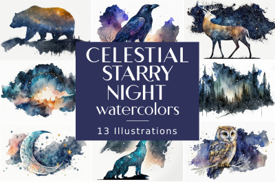 Celestial Starry Night Watercolors