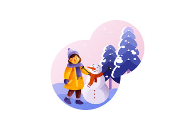 Little girl is standing near a snowman