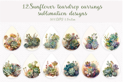 Watercolor succulents teardrop earrings sublimation bundle