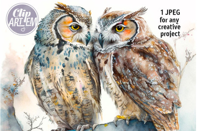 Two Wise Owls in Love Digital Watercolor Image Wall Art JPEG Decor Fil