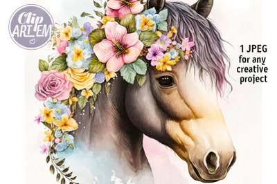 Beautiful Little Horse Flowers Image Wall Art Watercolor JPEG File