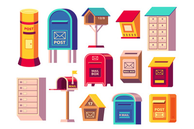 Mailboxes collection. Postbox icons for receiving letters, post contai