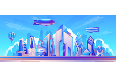 Airship landscape. Futuristic city scene with dirigibles above skyscra