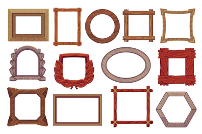Wooden frames. Cartoon wood borders and boards different shapes with t