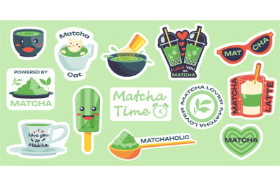 Cartoon kawaii matcha. Funny doodle green tea characters, cute sticker