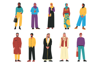 Various arabic people. Cartoon muslim male female characters, persons