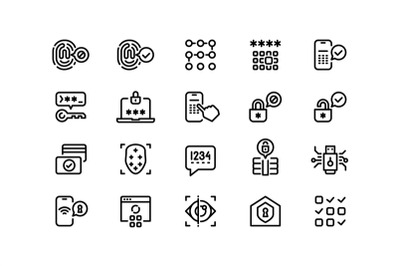 App security line icons. Face detection, pin-code and password, eyebal