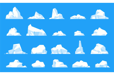 Iceberg collection. Floating ice mountain, cartoon glacier in arctic o
