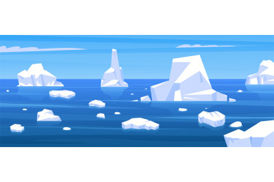 Arctic landscape. Cartoon winter scene with floating iceberg and froze