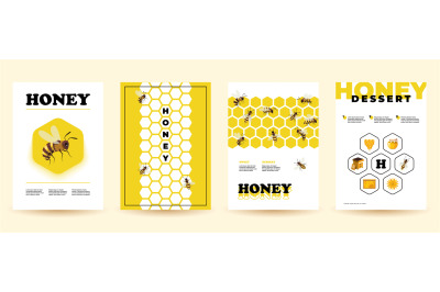 Honey flyers. Cartoon posters with bee insect honeycomb beehive, natur