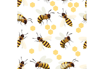 Honey bee pattern. Seamless print with winged striped insect, cute doo
