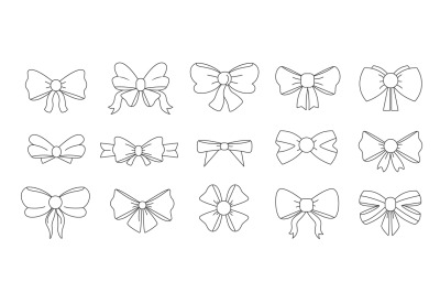Bows line symbols. Doodle gift bowknots with ribbons different shapes,