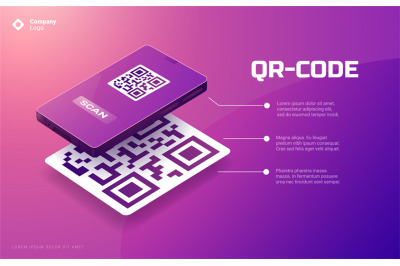 QR code on phone. Scan me coding for mobile app payment, isometric sma