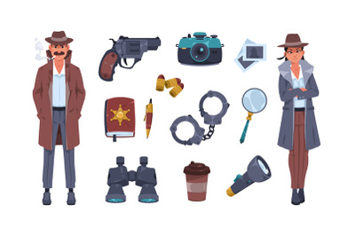 Detective equipment. Cartoon police agent character and spy tools for